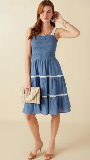 Rachel Smocked Lace Dress Denim Blue