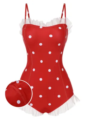 Red 1950s Mesh Polka Dot Swimsuit