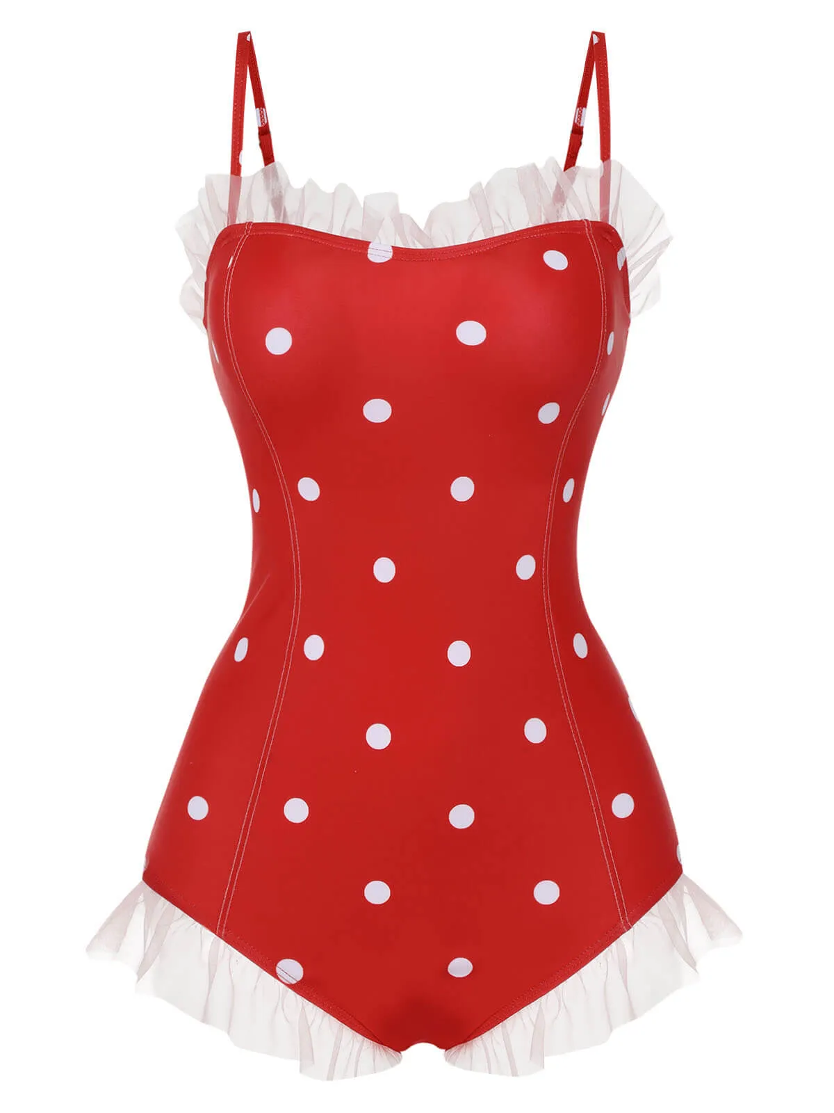 Red 1950s Mesh Polka Dot Swimsuit