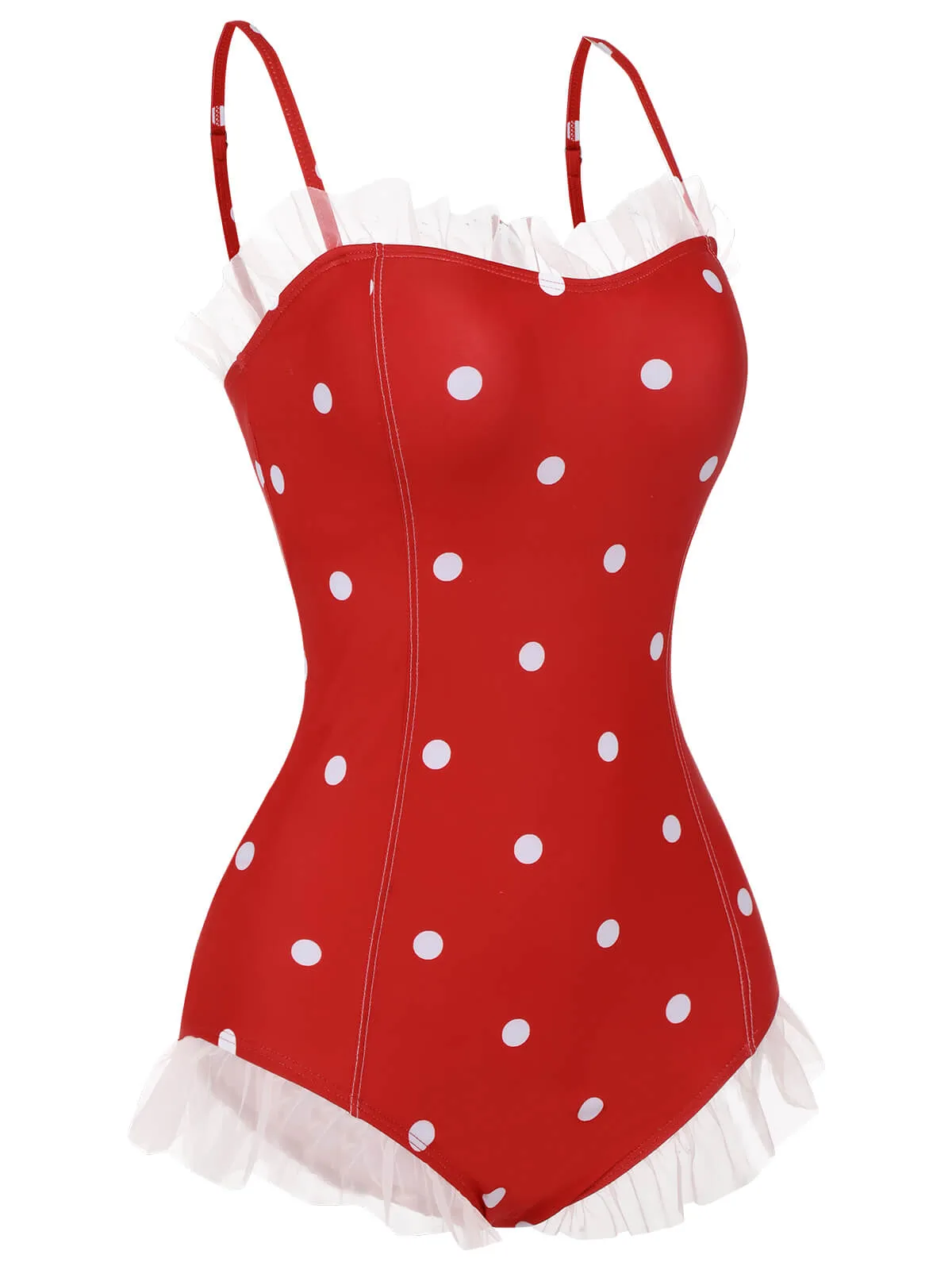 Red 1950s Mesh Polka Dot Swimsuit