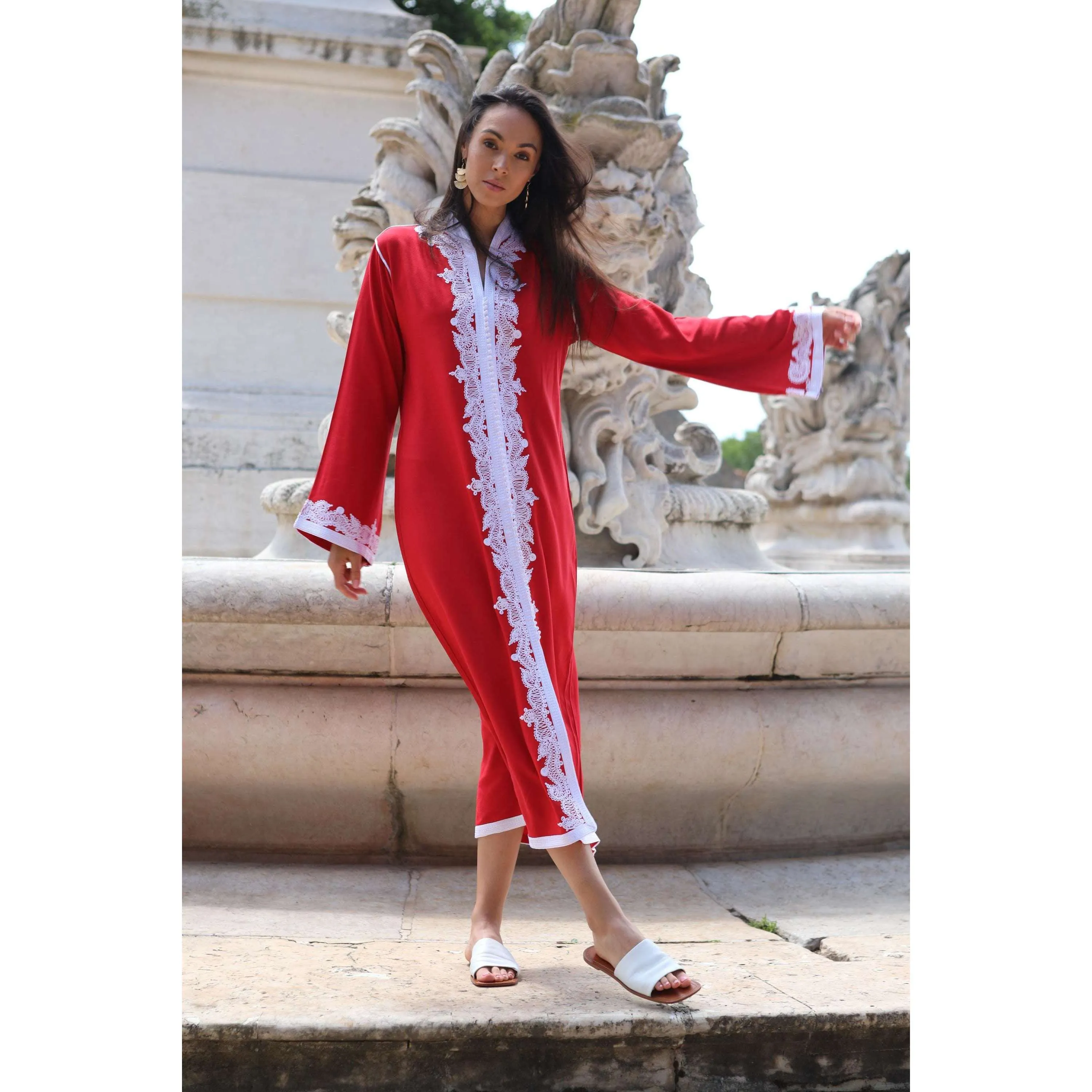 Red & White Karima Kaftan Caftan-Moroccan Kaftan