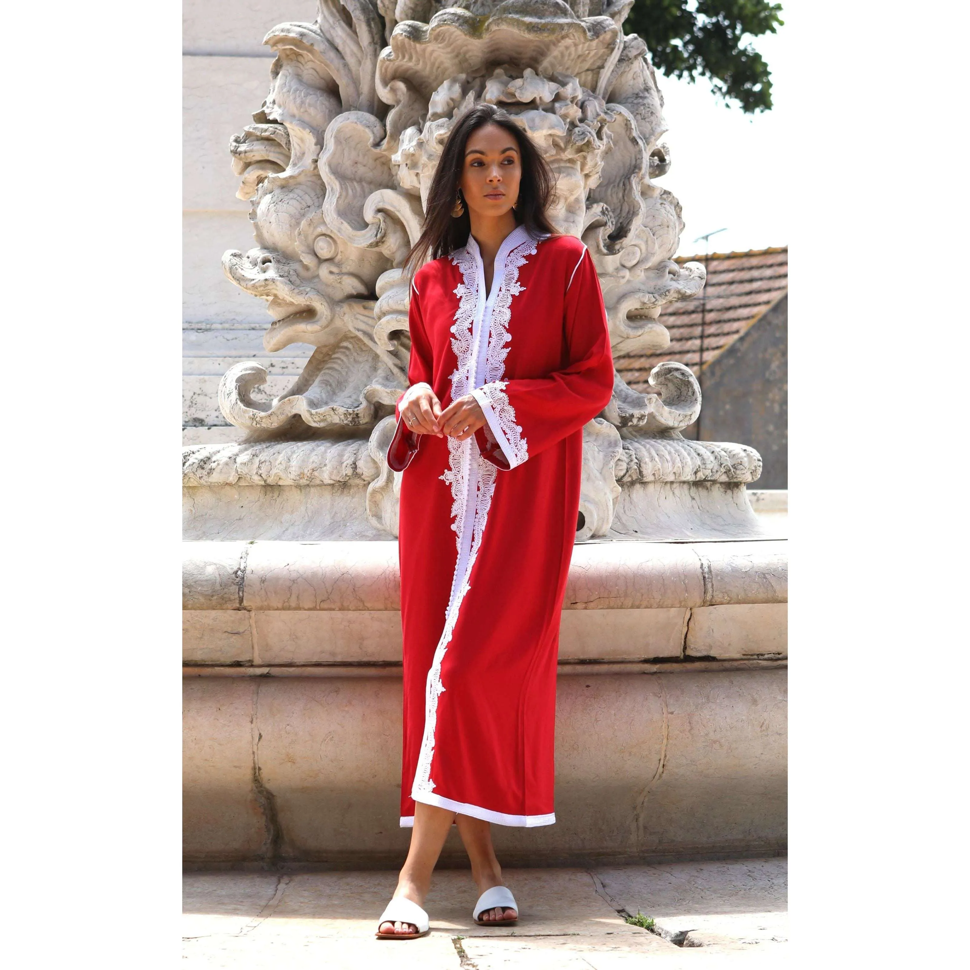 Red & White Karima Kaftan Caftan-Moroccan Kaftan