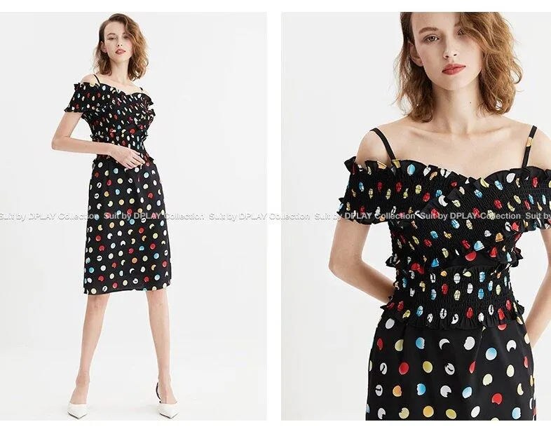 Retro off collar strapless black polka dot elastic waist dress Slit-neck sling with elastic dress - Chel