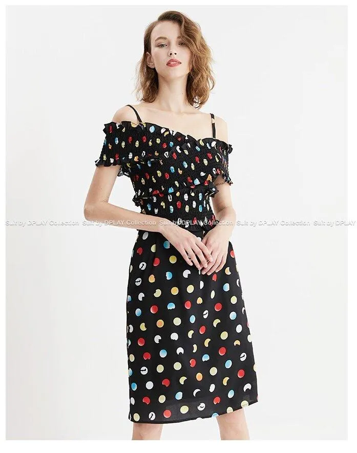 Retro off collar strapless black polka dot elastic waist dress Slit-neck sling with elastic dress - Chel