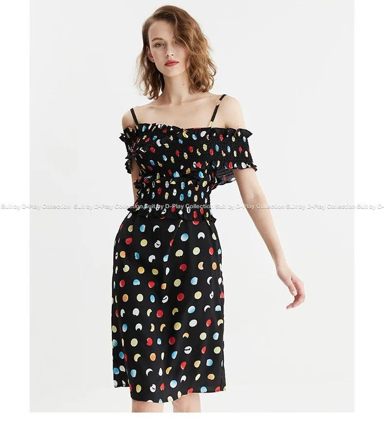 Retro off collar strapless black polka dot elastic waist dress Slit-neck sling with elastic dress - Chel