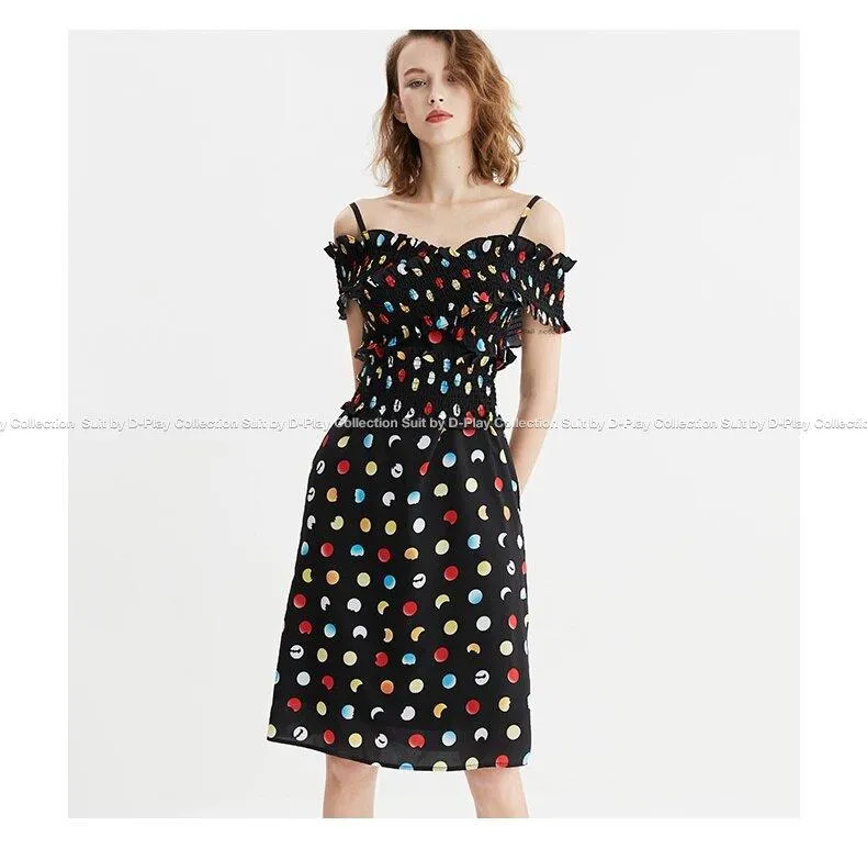 Retro off collar strapless black polka dot elastic waist dress Slit-neck sling with elastic dress - Chel