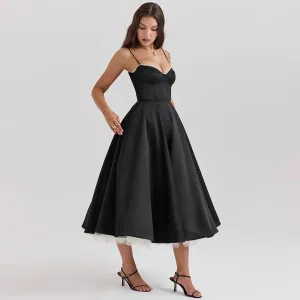 Satin Tulle Flare Charming Strap Cupped Midi Dress