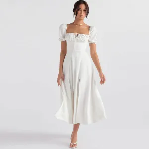 Sexy Puff Sleeve Tie Front High Split Off Shoulder Midi Sundress - White