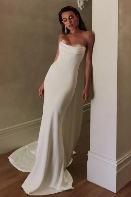 Simple Long Ivory Mermaid Strapless Satin Wedding Dress with Lace