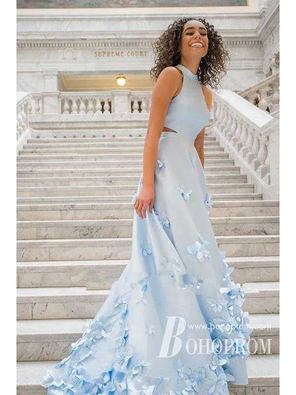 Stunning Halter 3D Appliques A-line Prom Dresses Satin Evening Gowns PD781