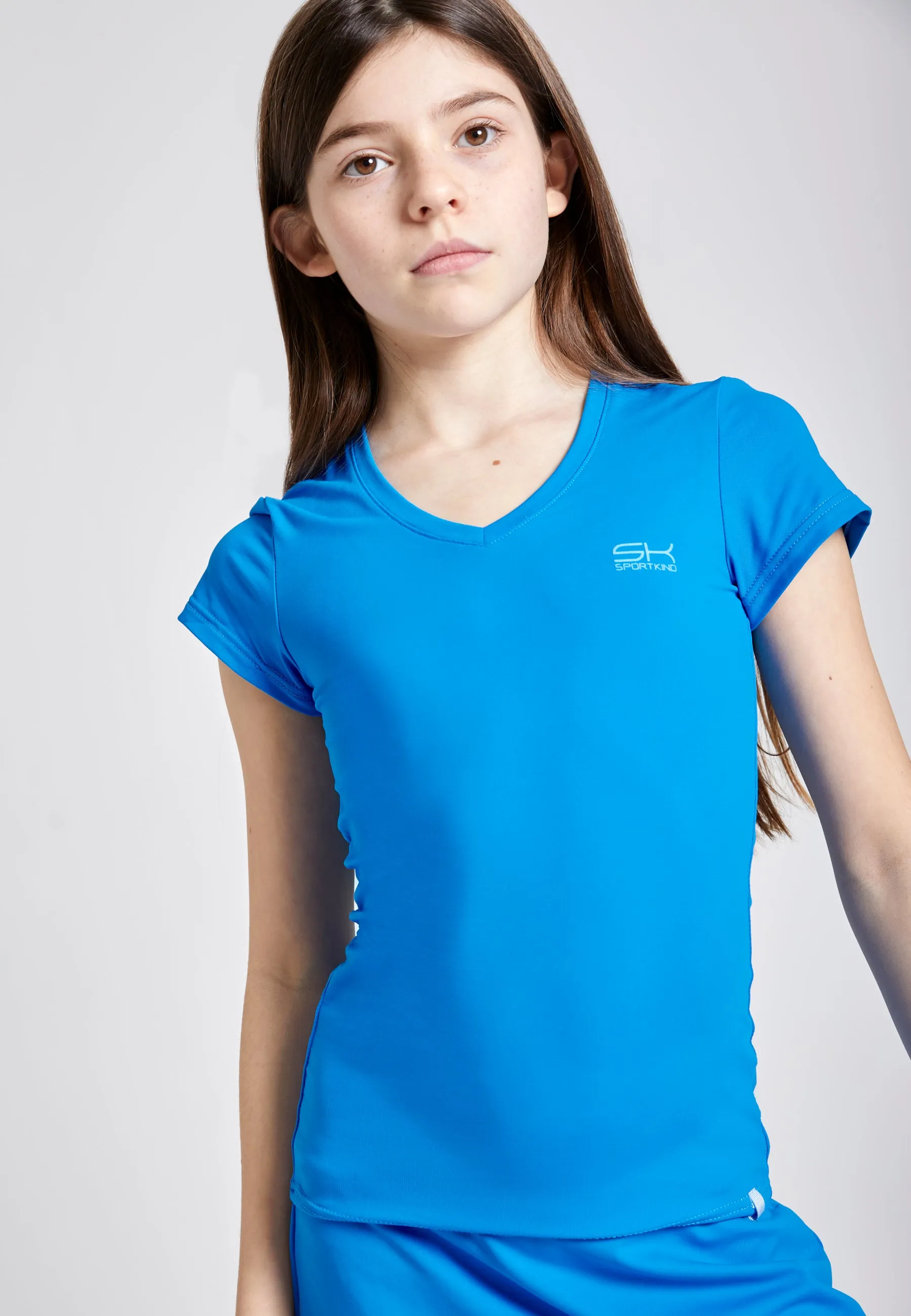 Tennis T-Shirt V-Neck Ladies &amp; Girls, cyan blue