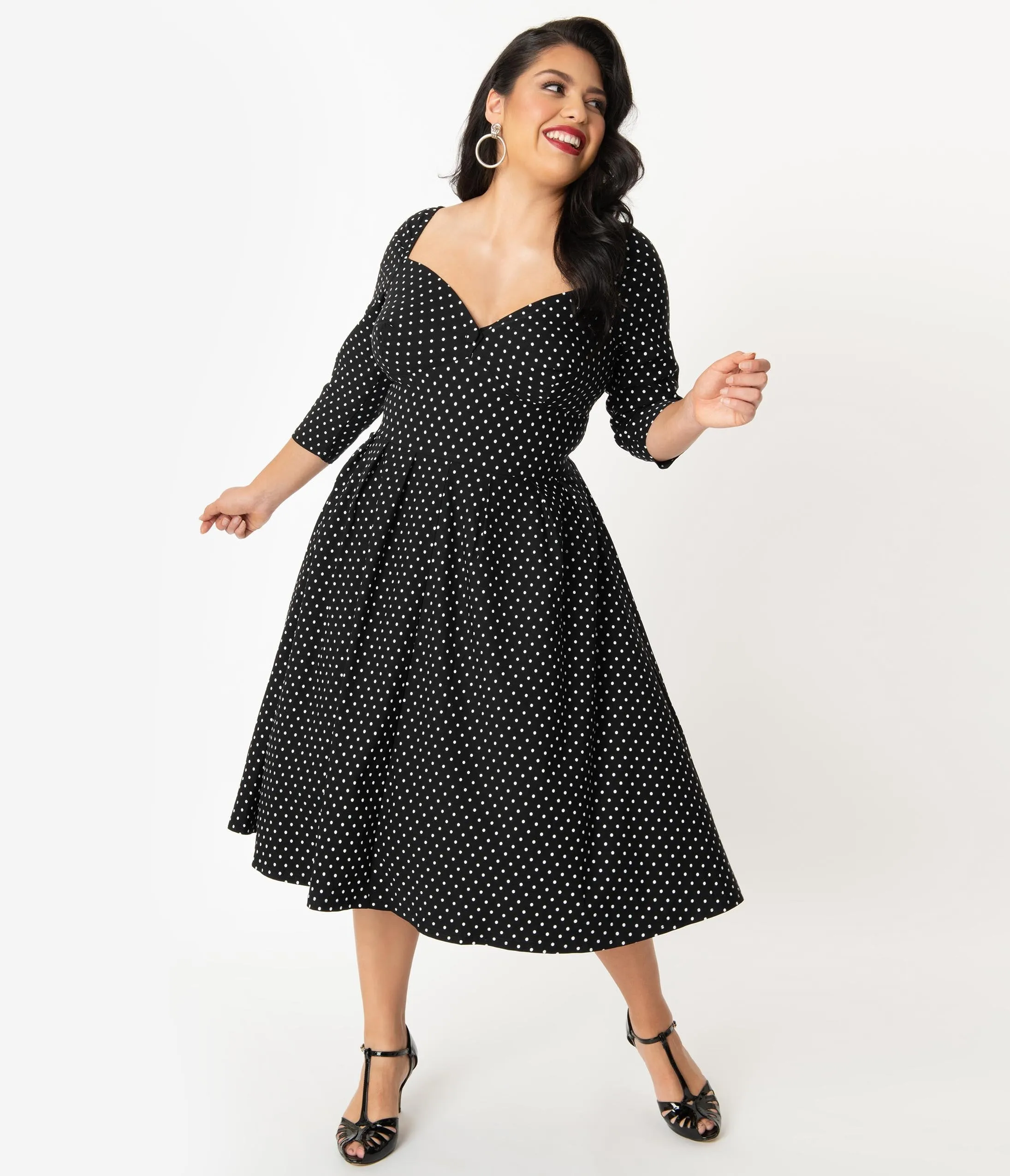 Unique Vintage Plus Size 1950s Black & White Pin Dot Sweetheart Lamar Swing Dress