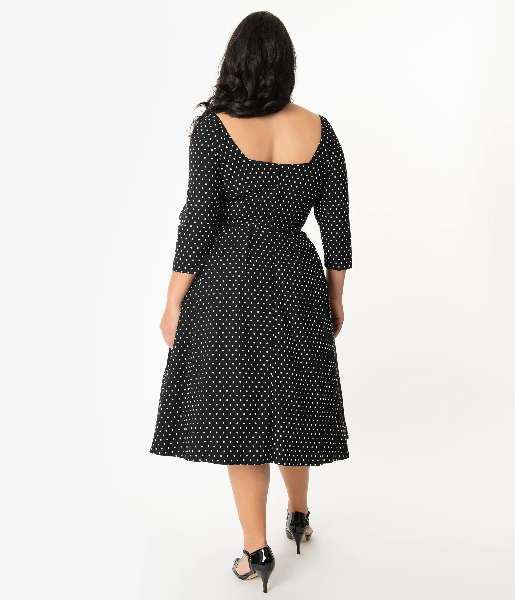 Unique Vintage Plus Size 1950s Black & White Pin Dot Sweetheart Lamar Swing Dress