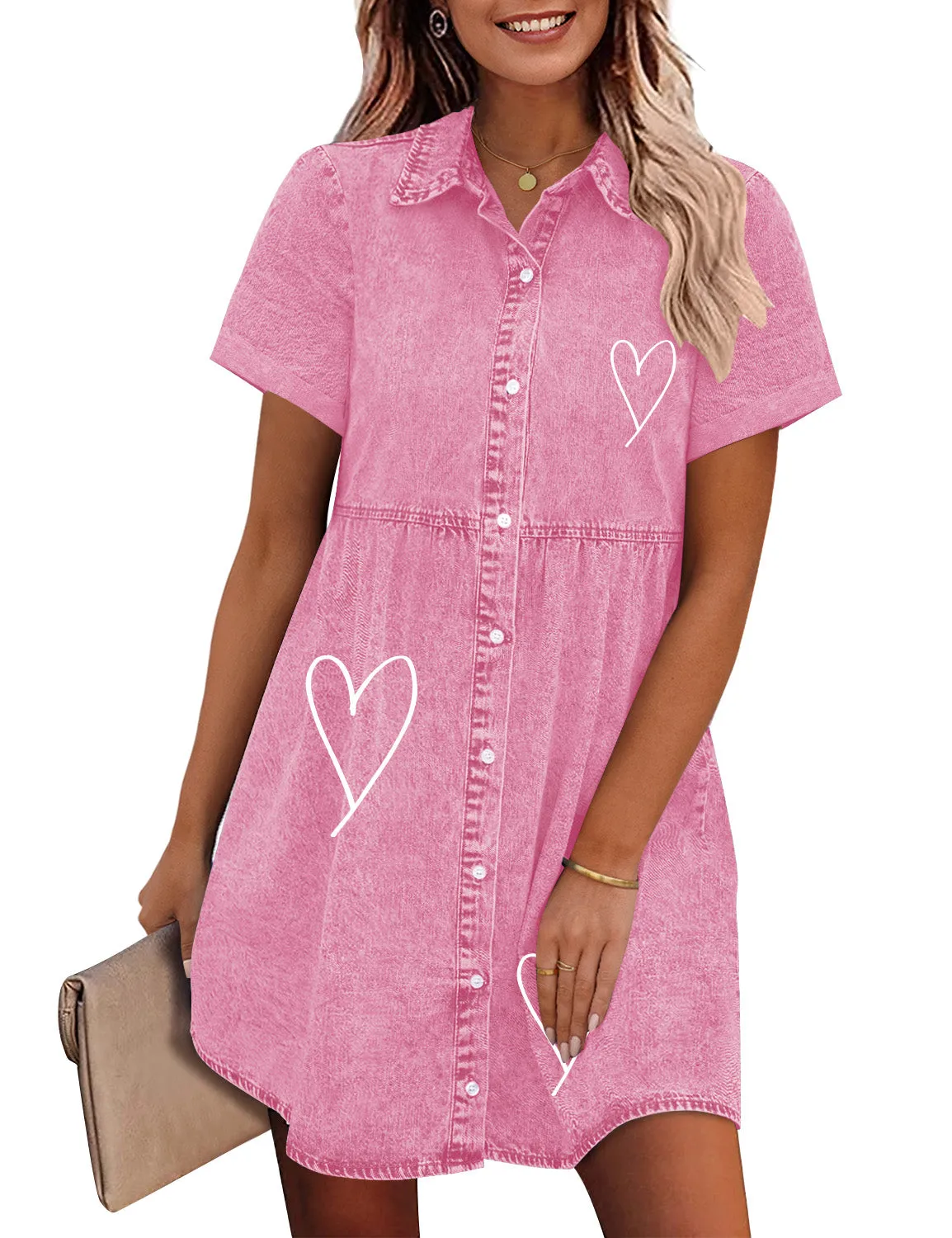 Vetinee Women's Cute Summer Denim Dress Rolled Sleeve Button Down Swing Dress