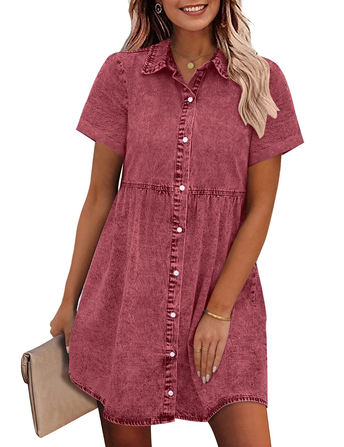 Vetinee Women's Cute Summer Denim Dress Rolled Sleeve Button Down Swing Dress