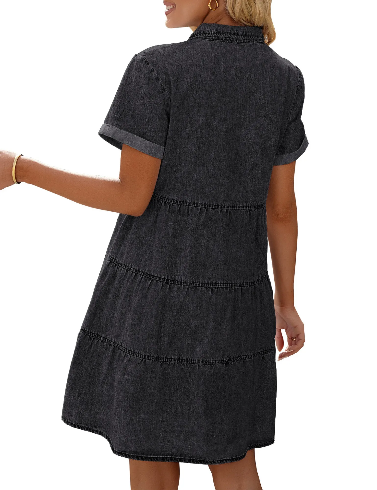 Vetinee Women's Cute Summer Denim Dress Rolled Sleeve Button Down Swing Dress