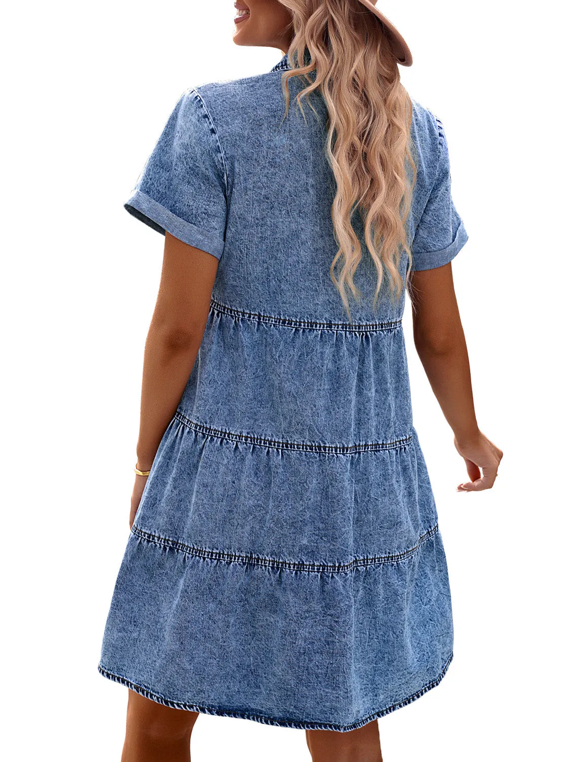 Vetinee Women's Cute Summer Denim Dress Rolled Sleeve Button Down Swing Dress