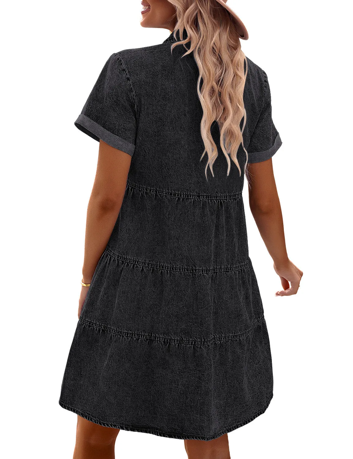 Vetinee Women's Cute Summer Denim Dress Rolled Sleeve Button Down Swing Dress