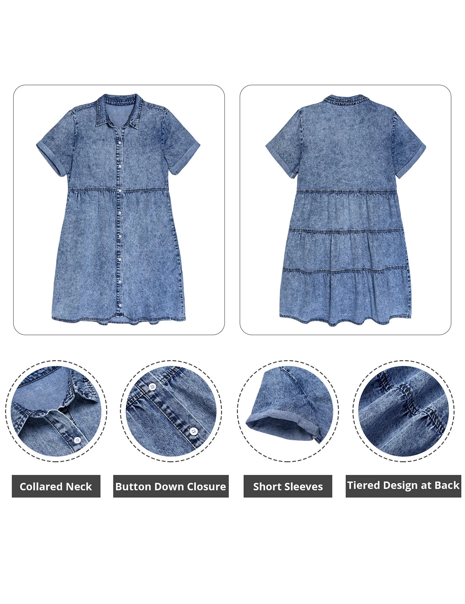 Vetinee Women's Cute Summer Denim Dress Rolled Sleeve Button Down Swing Dress