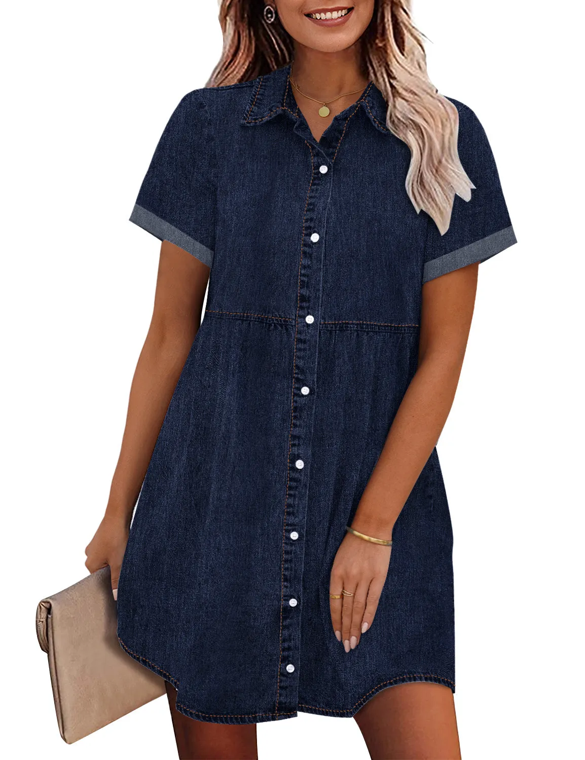 Vetinee Women's Cute Summer Denim Dress Rolled Sleeve Button Down Swing Dress