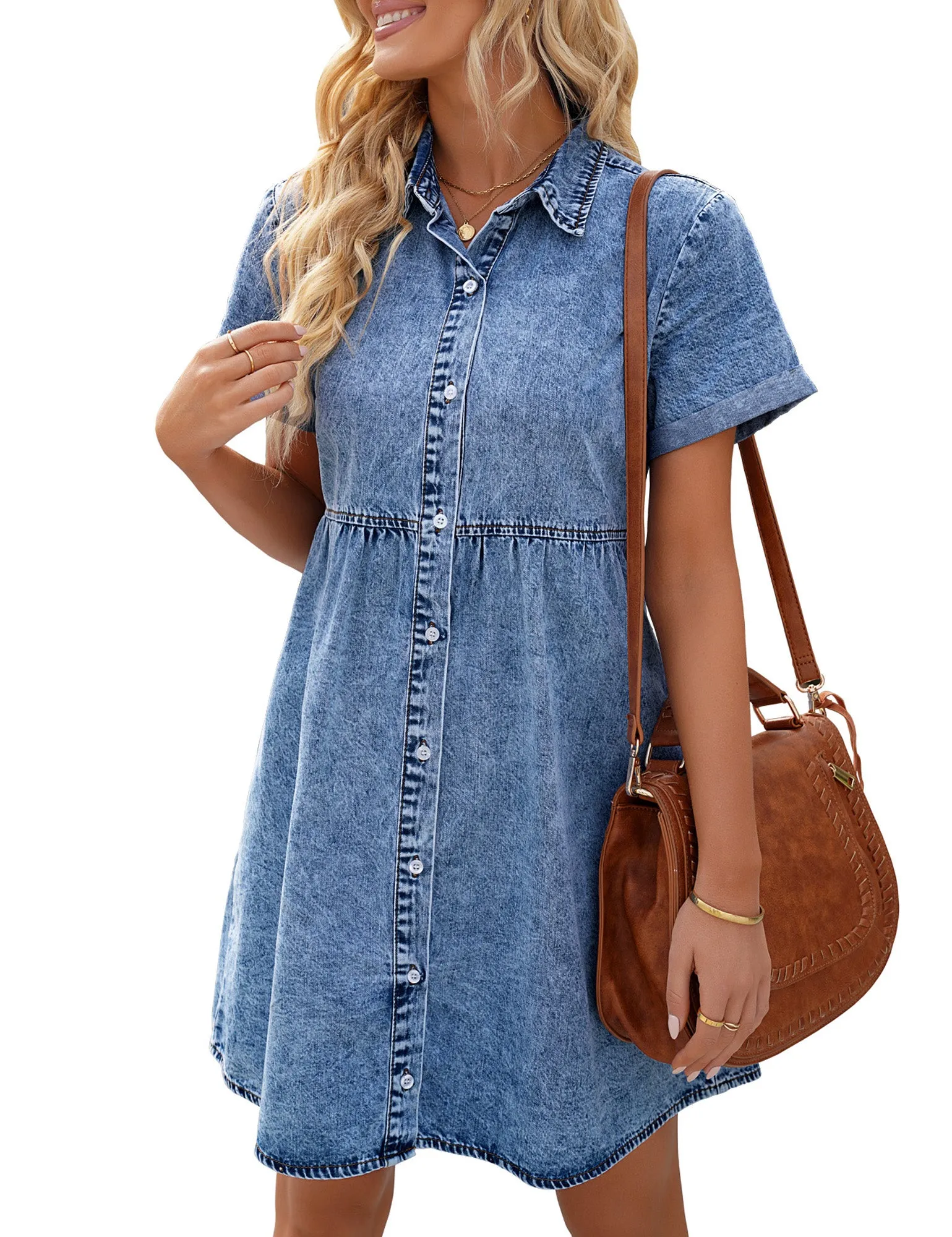 Vetinee Women's Cute Summer Denim Dress Rolled Sleeve Button Down Swing Dress