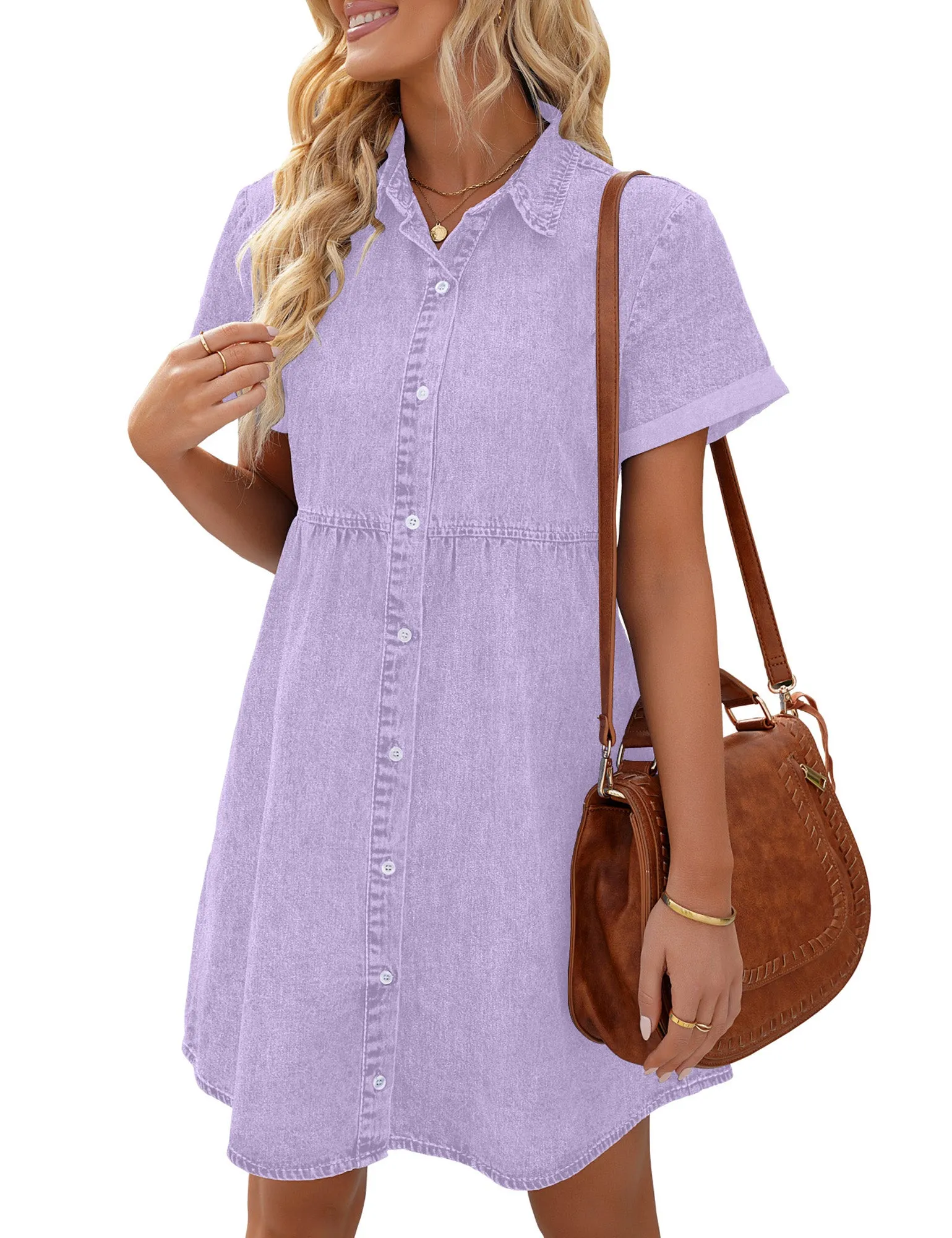 Vetinee Women's Cute Summer Denim Dress Rolled Sleeve Button Down Swing Dress