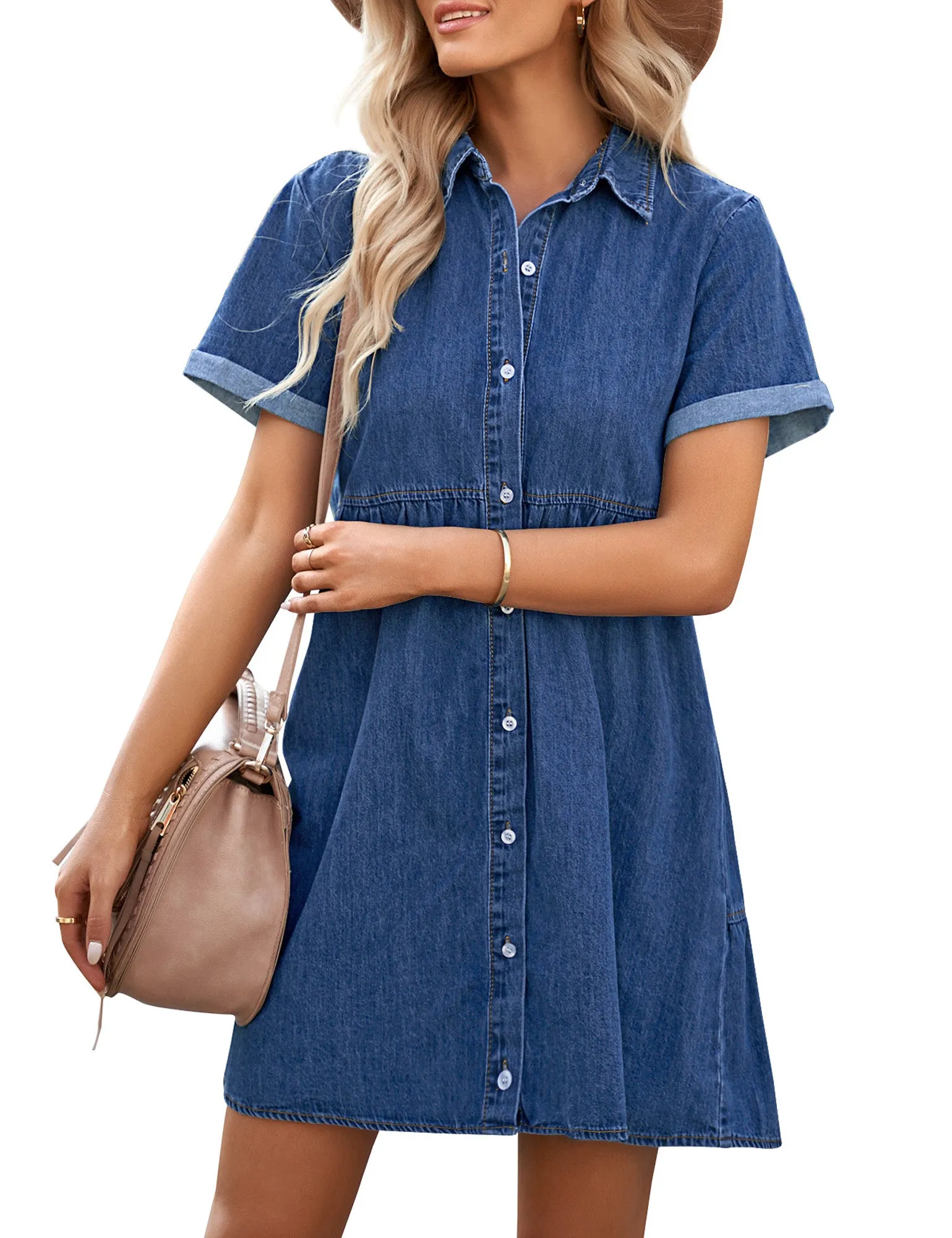 Vetinee Women's Cute Summer Denim Dress Rolled Sleeve Button Down Swing Dress