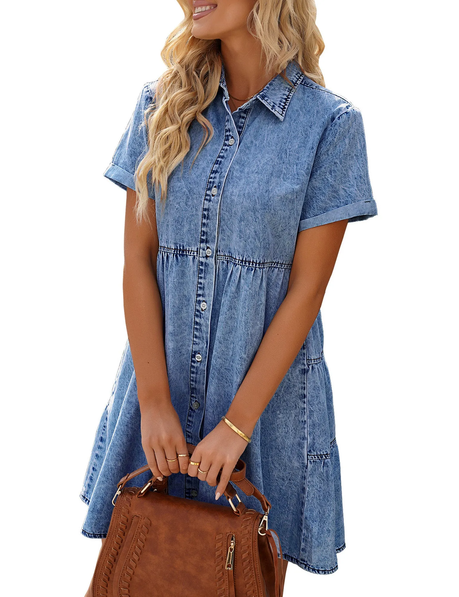 Vetinee Women's Cute Summer Denim Dress Rolled Sleeve Button Down Swing Dress