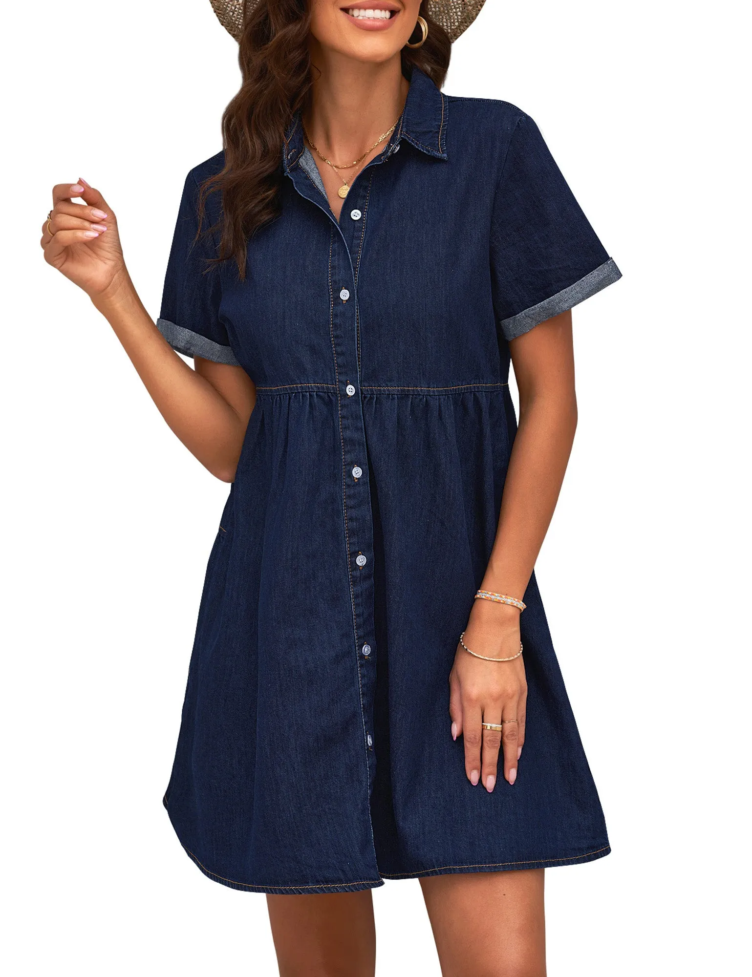 Vetinee Women's Cute Summer Denim Dress Rolled Sleeve Button Down Swing Dress