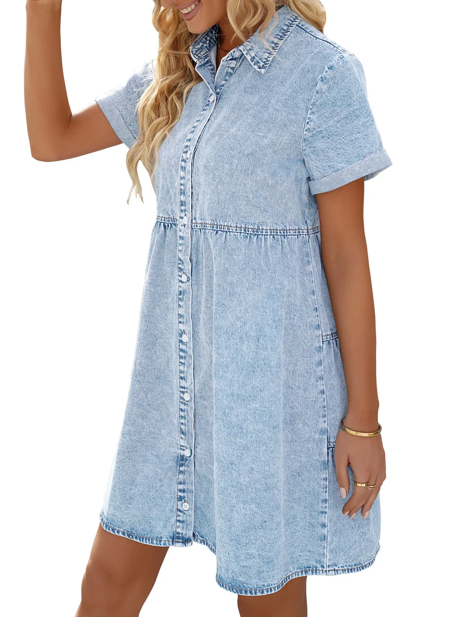 Vetinee Women's Cute Summer Denim Dress Rolled Sleeve Button Down Swing Dress