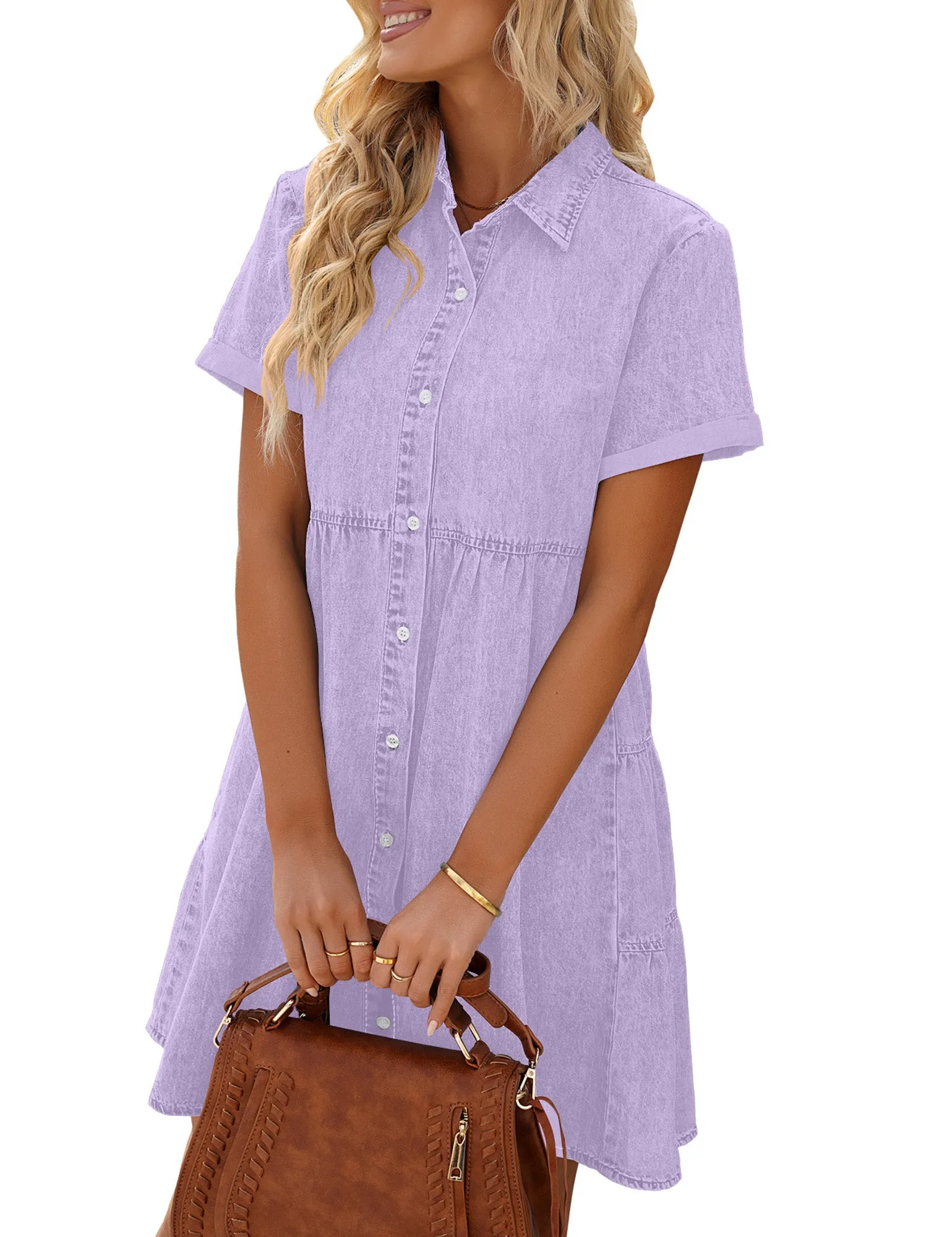 Vetinee Women's Cute Summer Denim Dress Rolled Sleeve Button Down Swing Dress