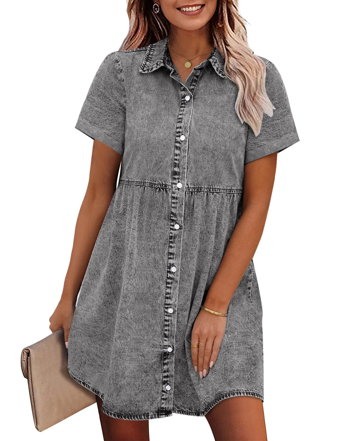 Vetinee Women's Cute Summer Denim Dress Rolled Sleeve Button Down Swing Dress