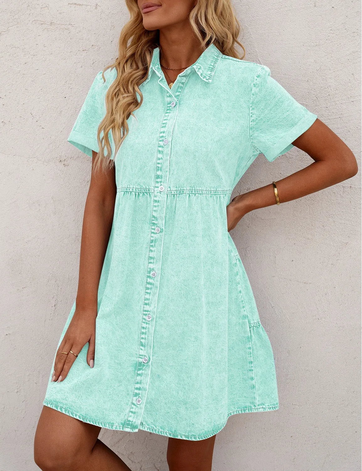 Vetinee Women's Cute Summer Denim Dress Rolled Sleeve Button Down Swing Dress