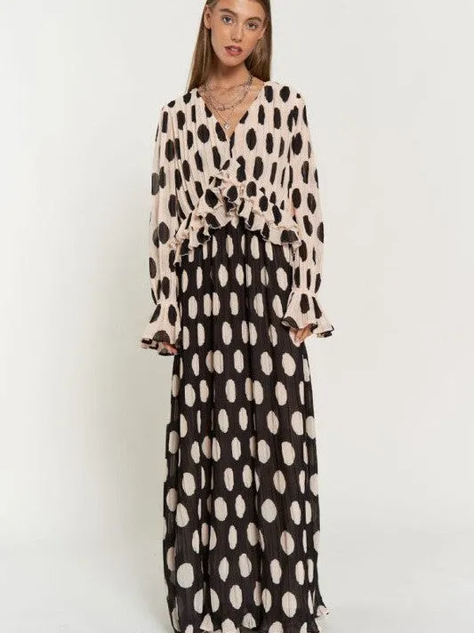 Vintage Charm Polka Dot Long Sleeve Pleated Maxi Dress with Ruffles