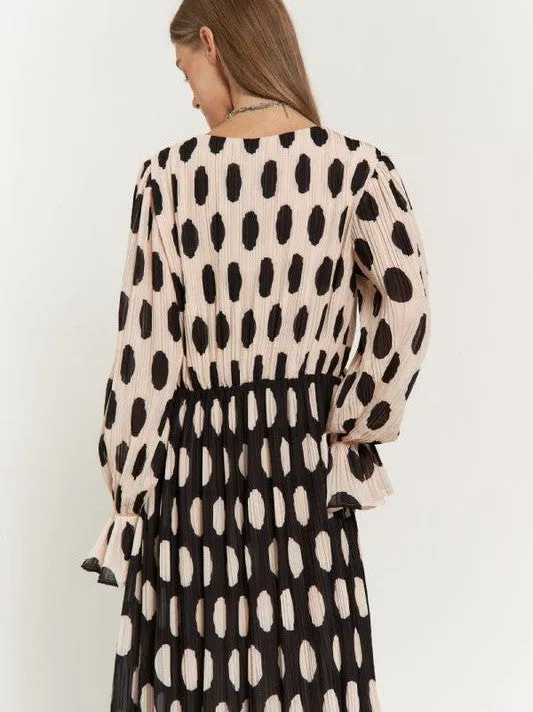 Vintage Charm Polka Dot Long Sleeve Pleated Maxi Dress with Ruffles