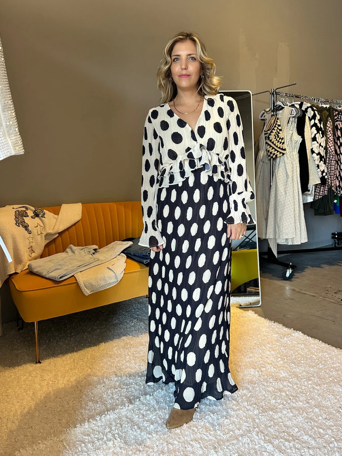 Vintage Charm Polka Dot Long Sleeve Pleated Maxi Dress with Ruffles