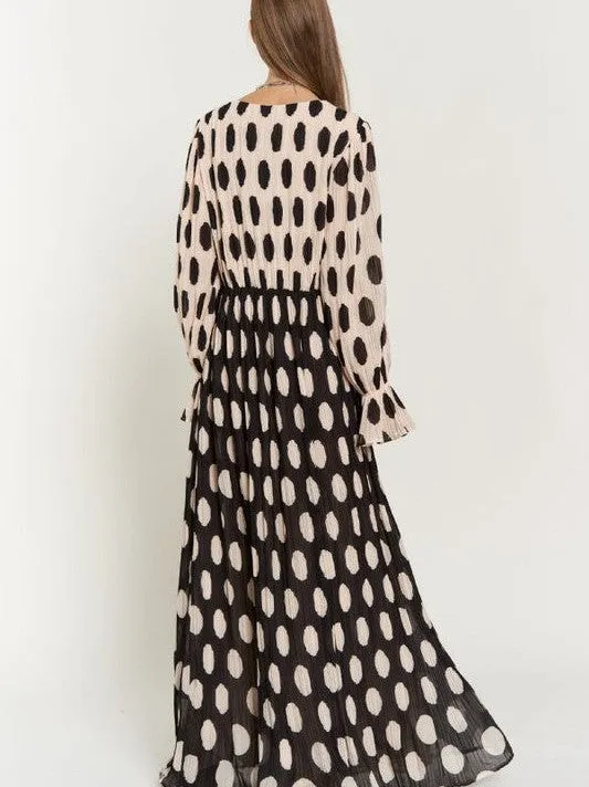 Vintage Charm Polka Dot Long Sleeve Pleated Maxi Dress with Ruffles