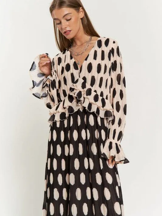 Vintage Charm Polka Dot Long Sleeve Pleated Maxi Dress with Ruffles