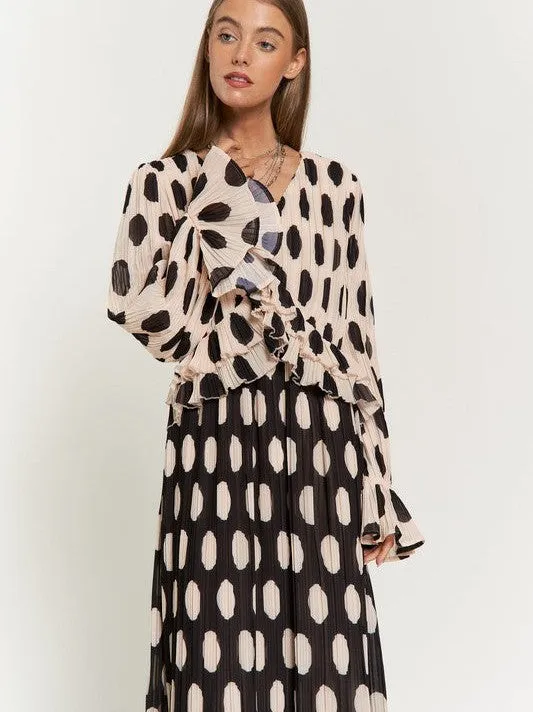 Vintage Charm Polka Dot Long Sleeve Pleated Maxi Dress with Ruffles