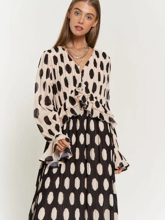 Vintage Charm Polka Dot Long Sleeve Pleated Maxi Dress with Ruffles