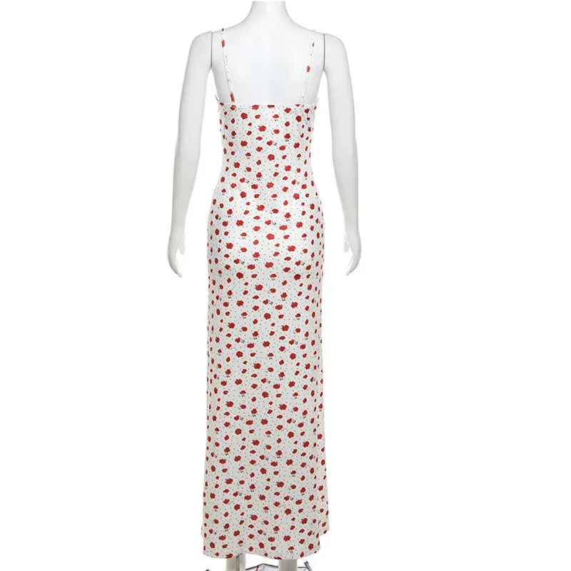 White Floral Print Charming Strap Midi Dress