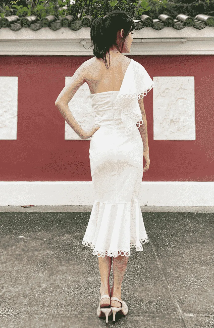 White Ruched Eyelet Lace Sweetheart One Shoulder Dress