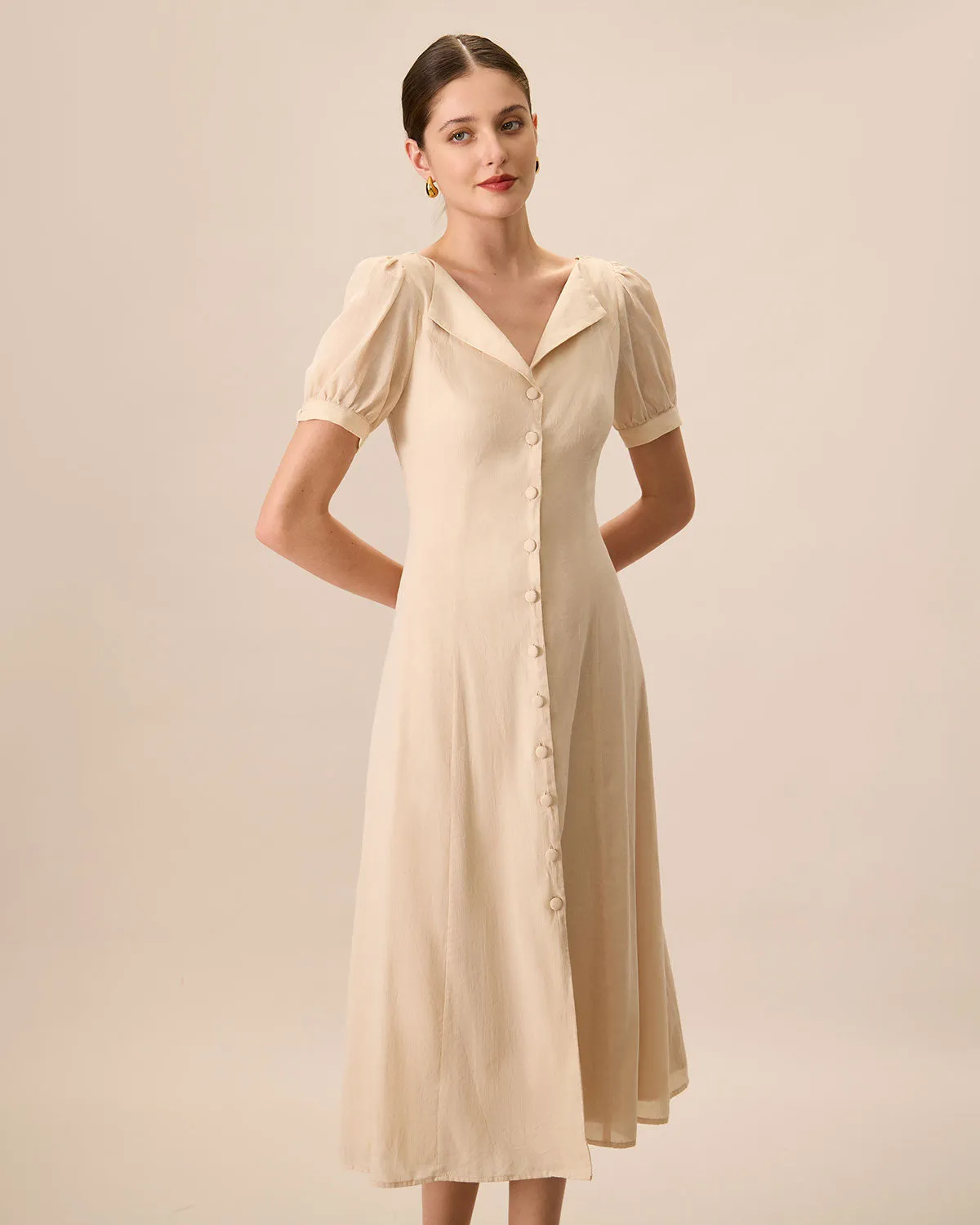 Women's Apricot Puff Sleeve Cotton Midi Dress