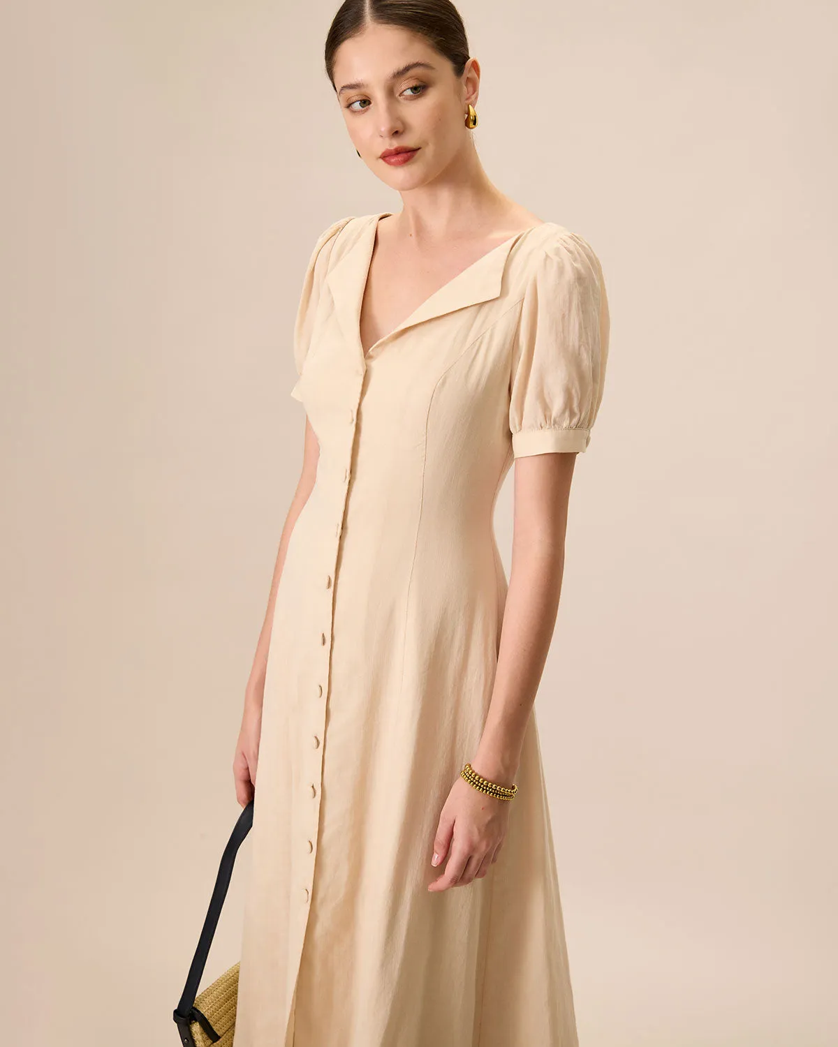 Women's Apricot Puff Sleeve Cotton Midi Dress