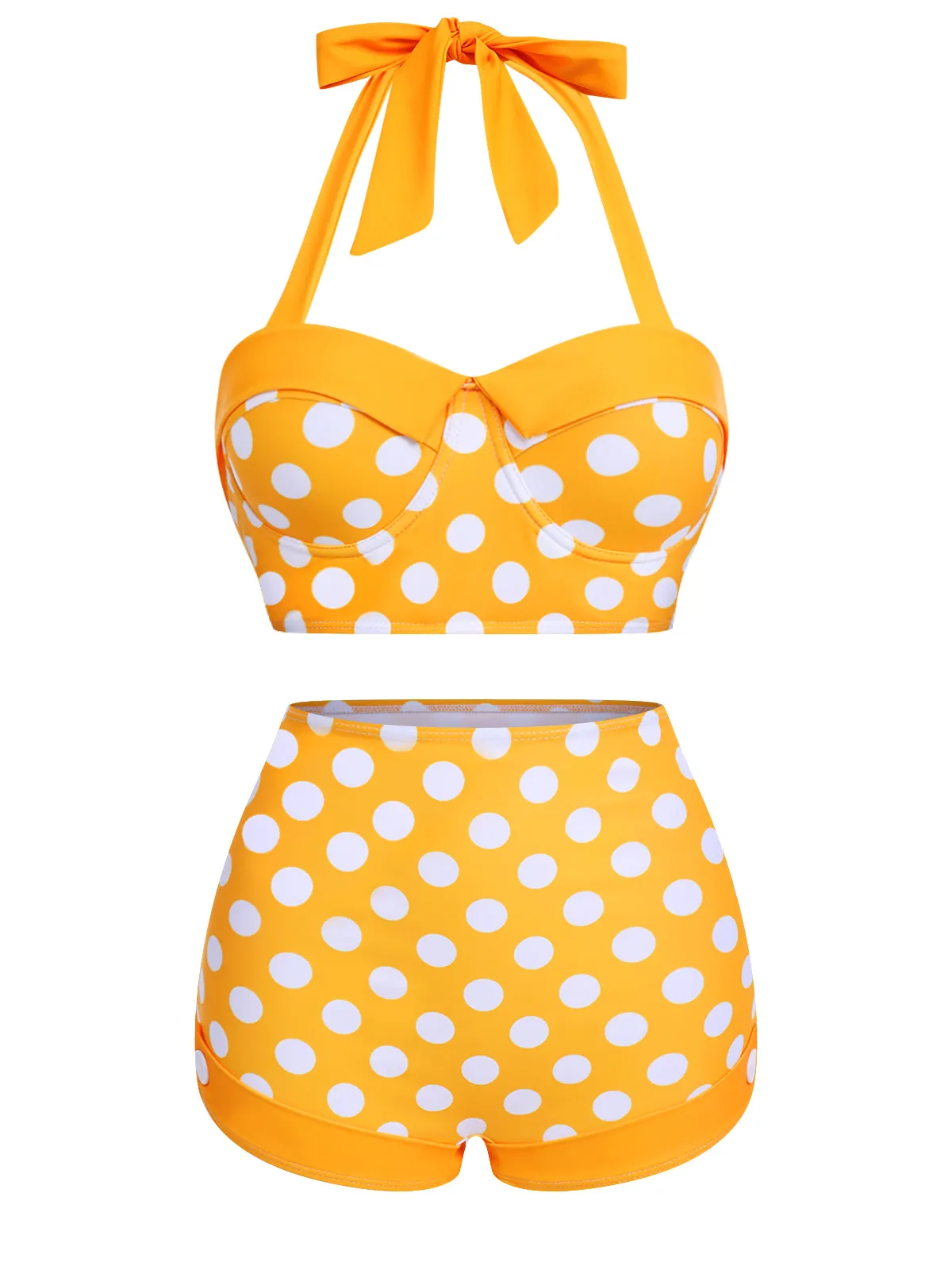 Yellow 1950s Polka Dots Halter Bikini Set