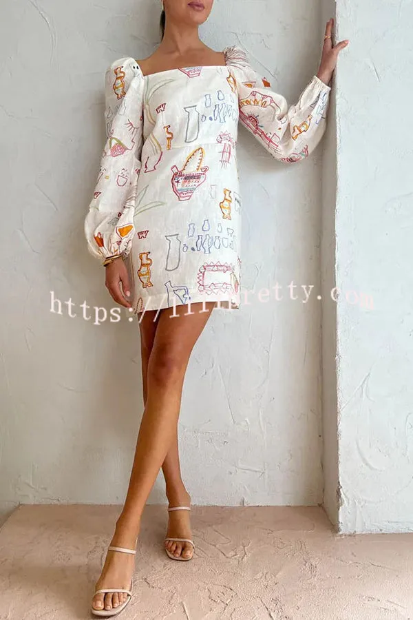 Zeus Puff Sleeve Unique Printed Back Zip Mini Dress